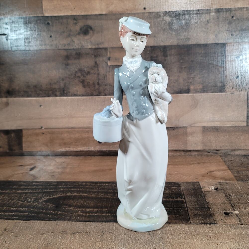 Vintage  Lady with Maltese Dog Flowers 13" Tall  Nadal Porcelain